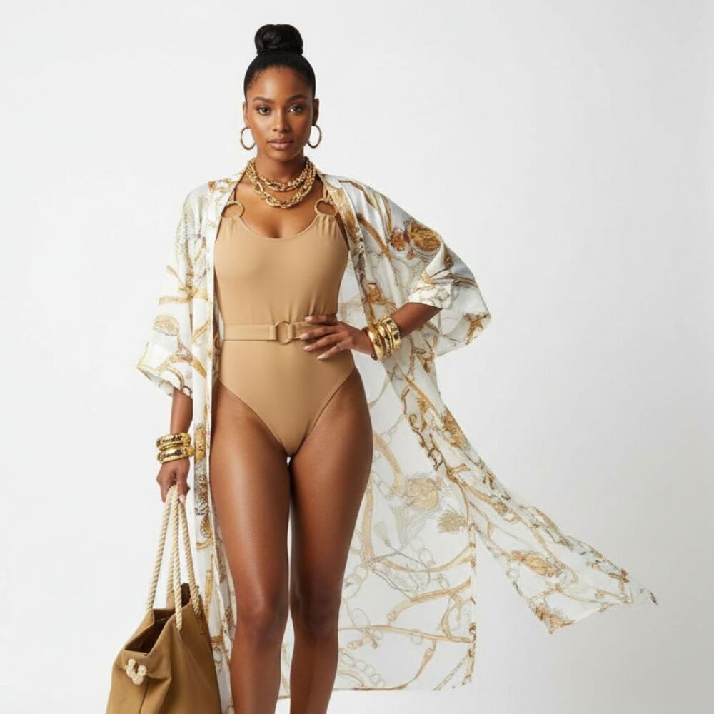 Fashion Nova Tan & Brown Chain Print Open Front Swim Suit Coverup 2X